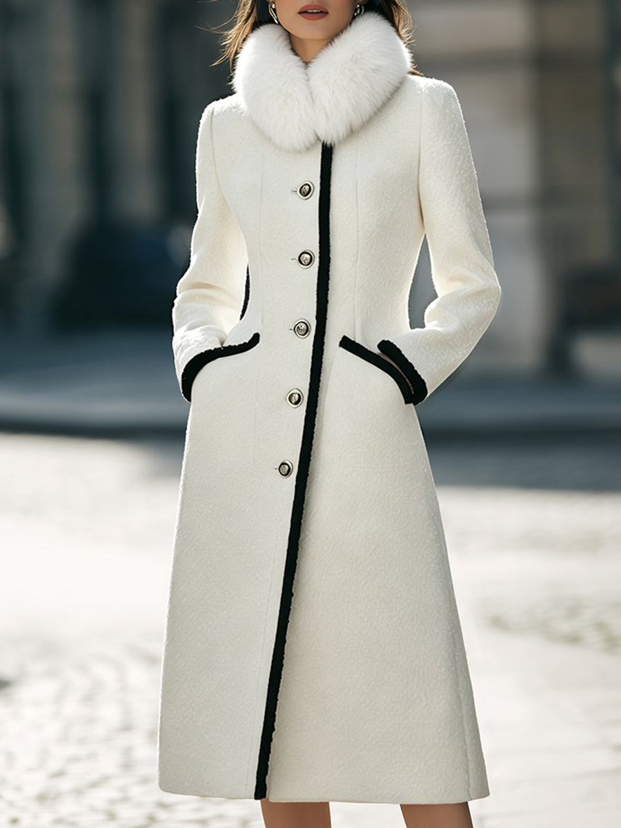 Maureen-Cordelia | Women's Faux Fur Scarf Contrast-Trim Wool Coat