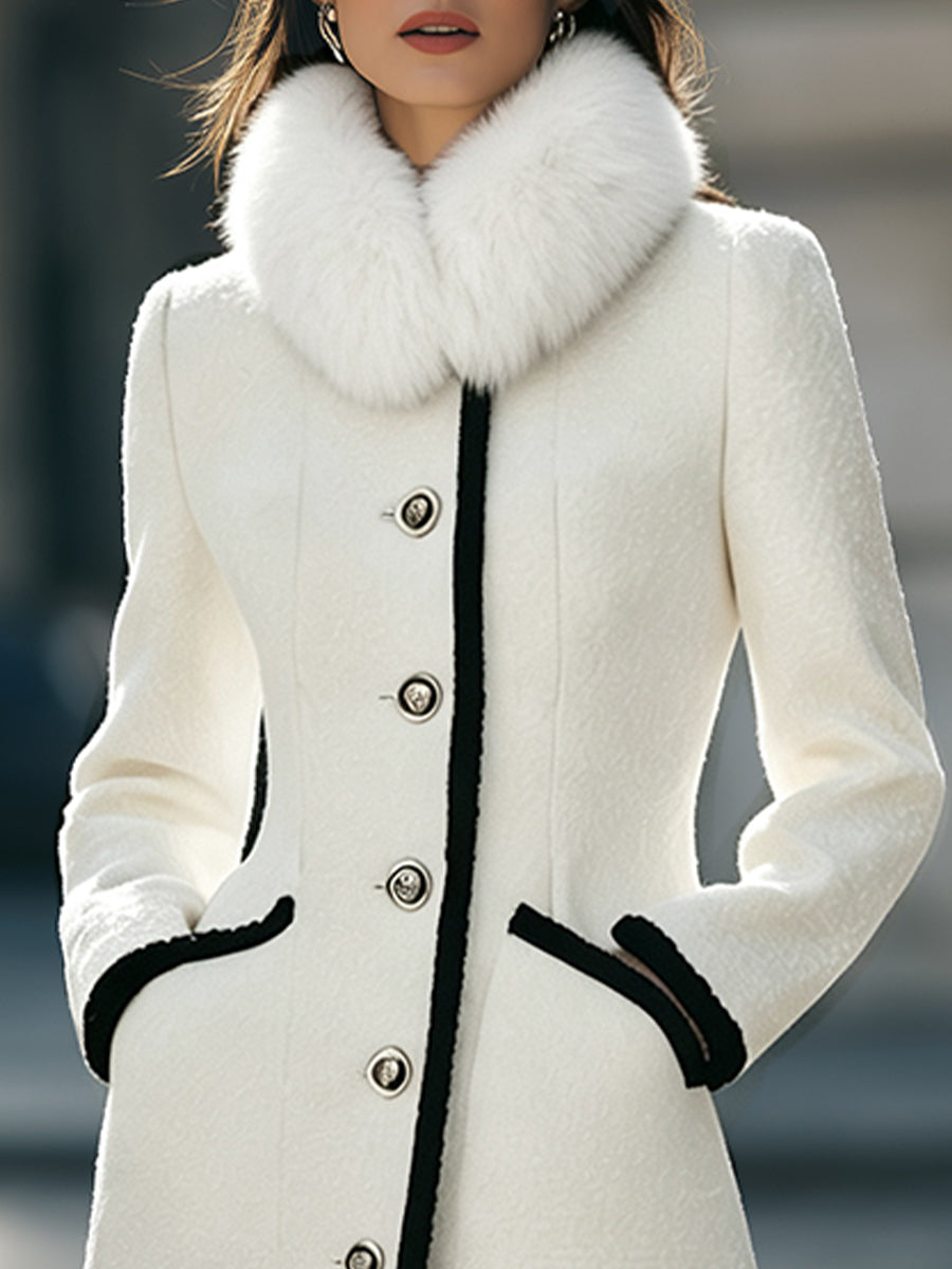 Maureen-Cordelia | Women's Faux Fur Scarf Contrast-Trim Wool Coat
