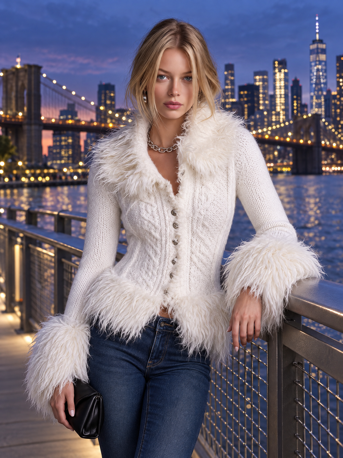 Celeste-Valerie | Women's Faux Fur-Trim Cable Knit Cardigan