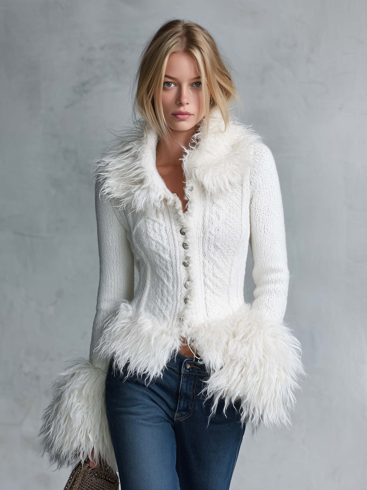 Celeste-Valerie | Women's Faux Fur-Trim Cable Knit Cardigan