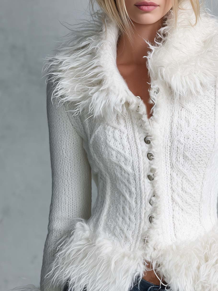 Celeste-Valerie | Women's Faux Fur-Trim Cable Knit Cardigan