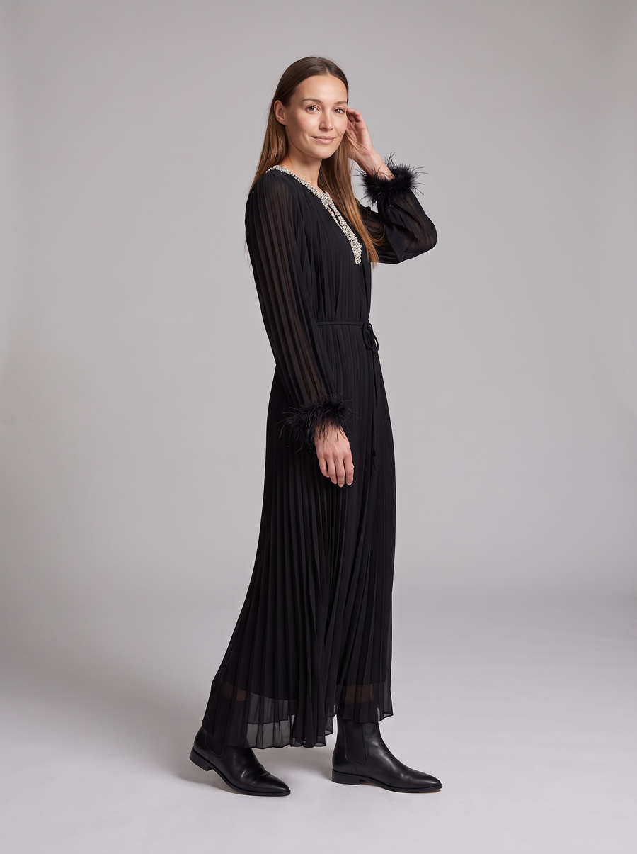 Minerva-Iris | Women's Feather-Trim Maxi Dress
