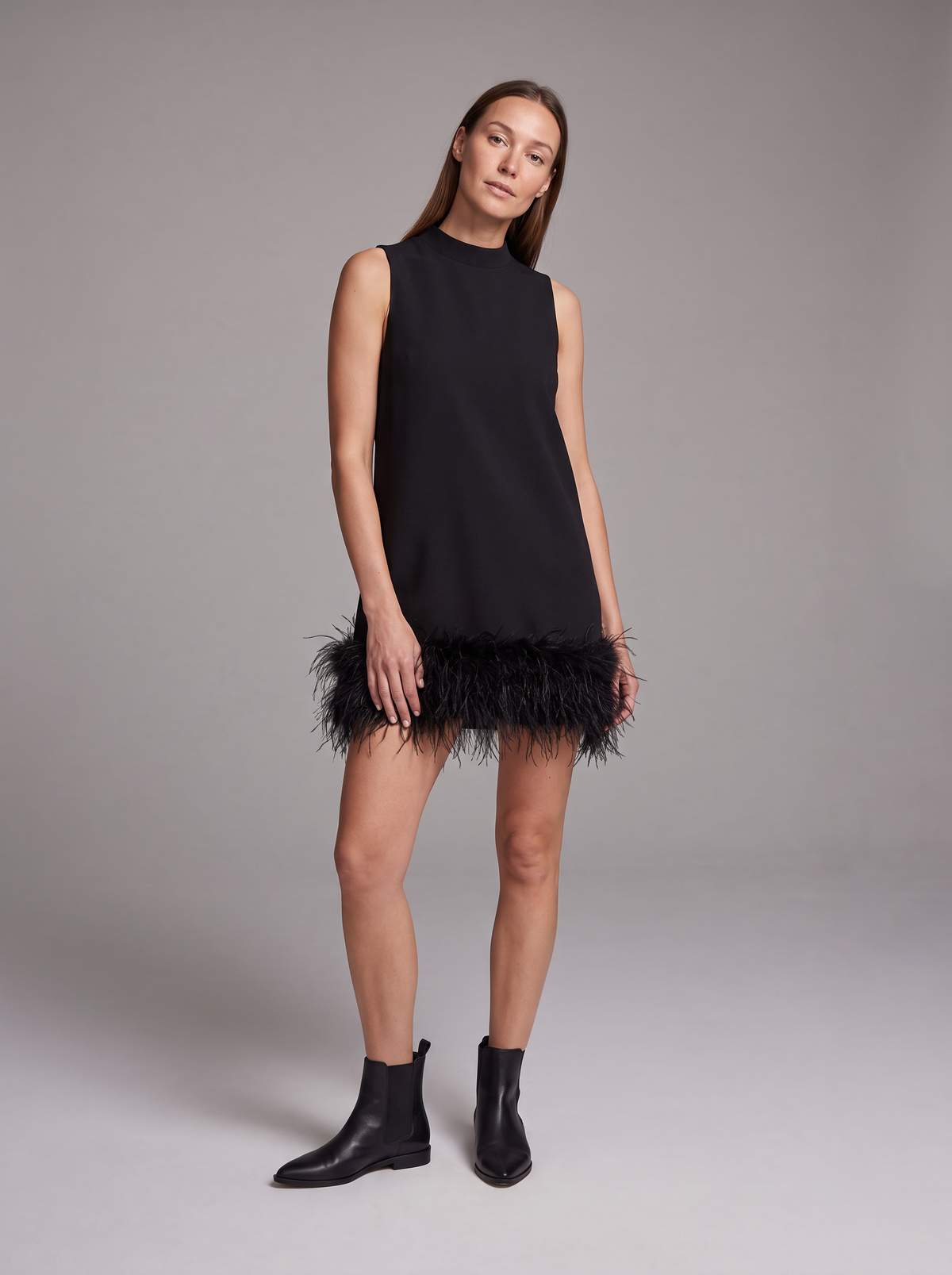 Alba-Celeste | Women's Feather-Trim Mock Neck Mini Dress