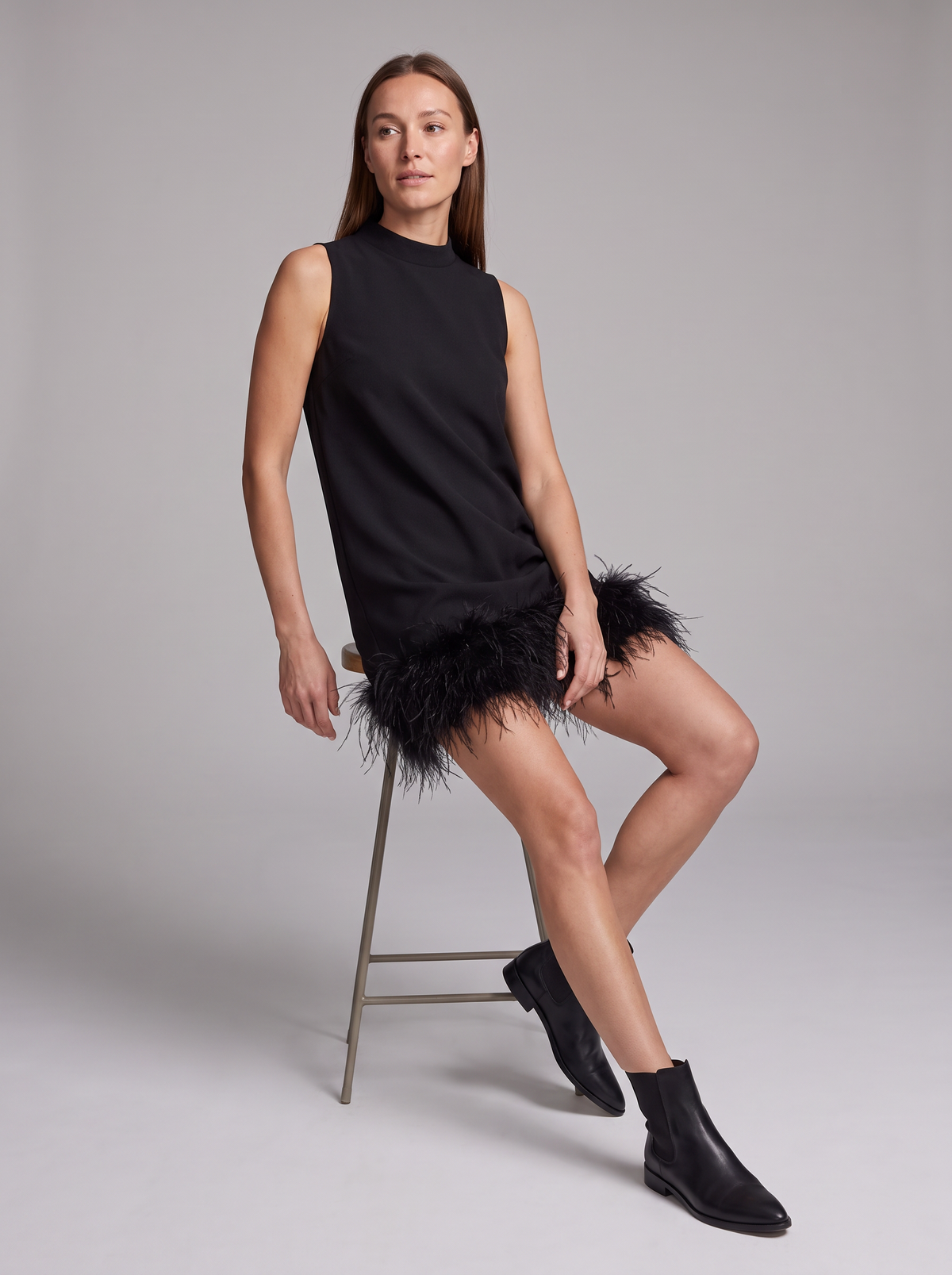 Alba-Celeste | Women's Feather-Trim Mock Neck Mini Dress