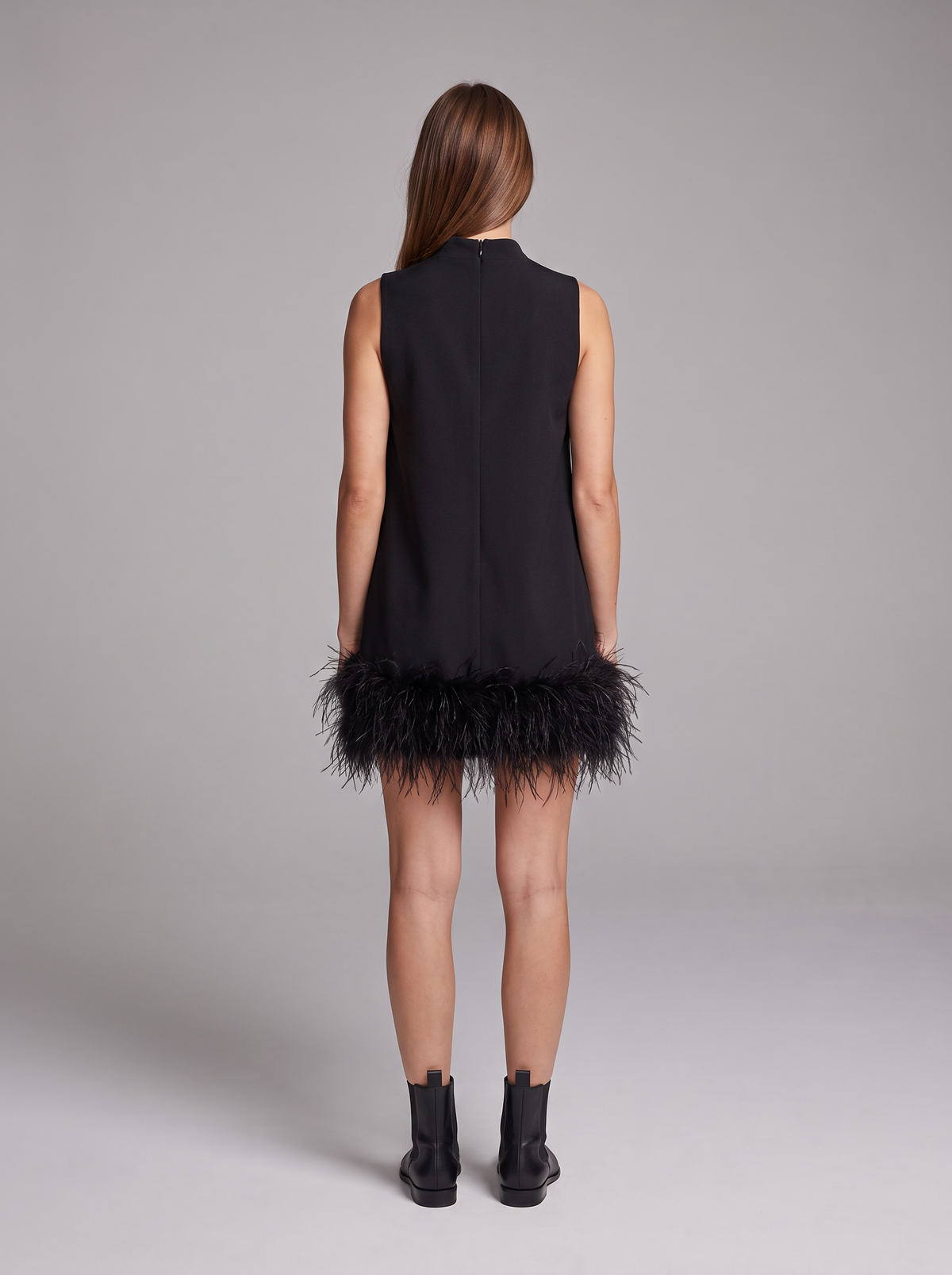 Alba-Celeste | Women's Feather-Trim Mock Neck Mini Dress