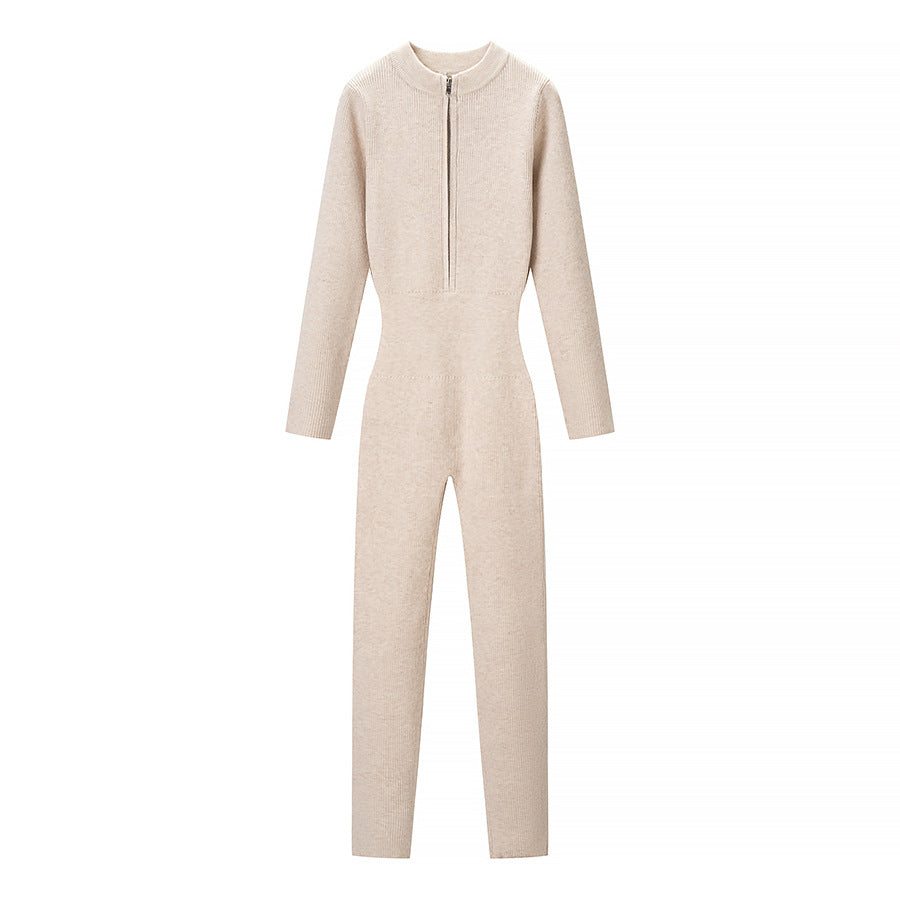 Lottie-Matilda | Women's Fitted Rib-Knit Jumpsuit with Stand Collar