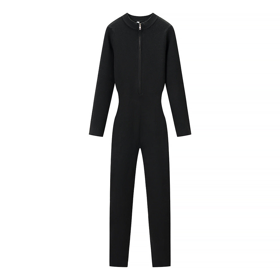 Lottie-Matilda | Women's Fitted Rib-Knit Jumpsuit with Stand Collar