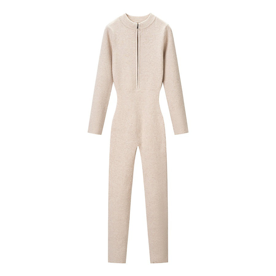 Lottie-Matilda | Women's Fitted Rib-Knit Jumpsuit with Stand Collar