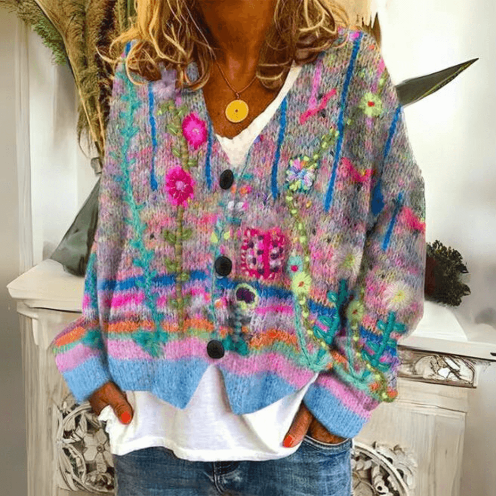 Alba-Cecile | Women's Floral Embroidered Button-Front Cardigan
