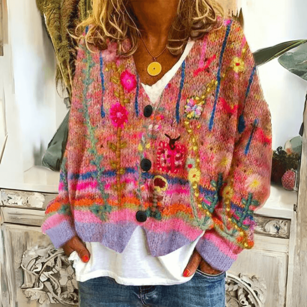 Alba-Cecile | Women's Floral Embroidered Button-Front Cardigan