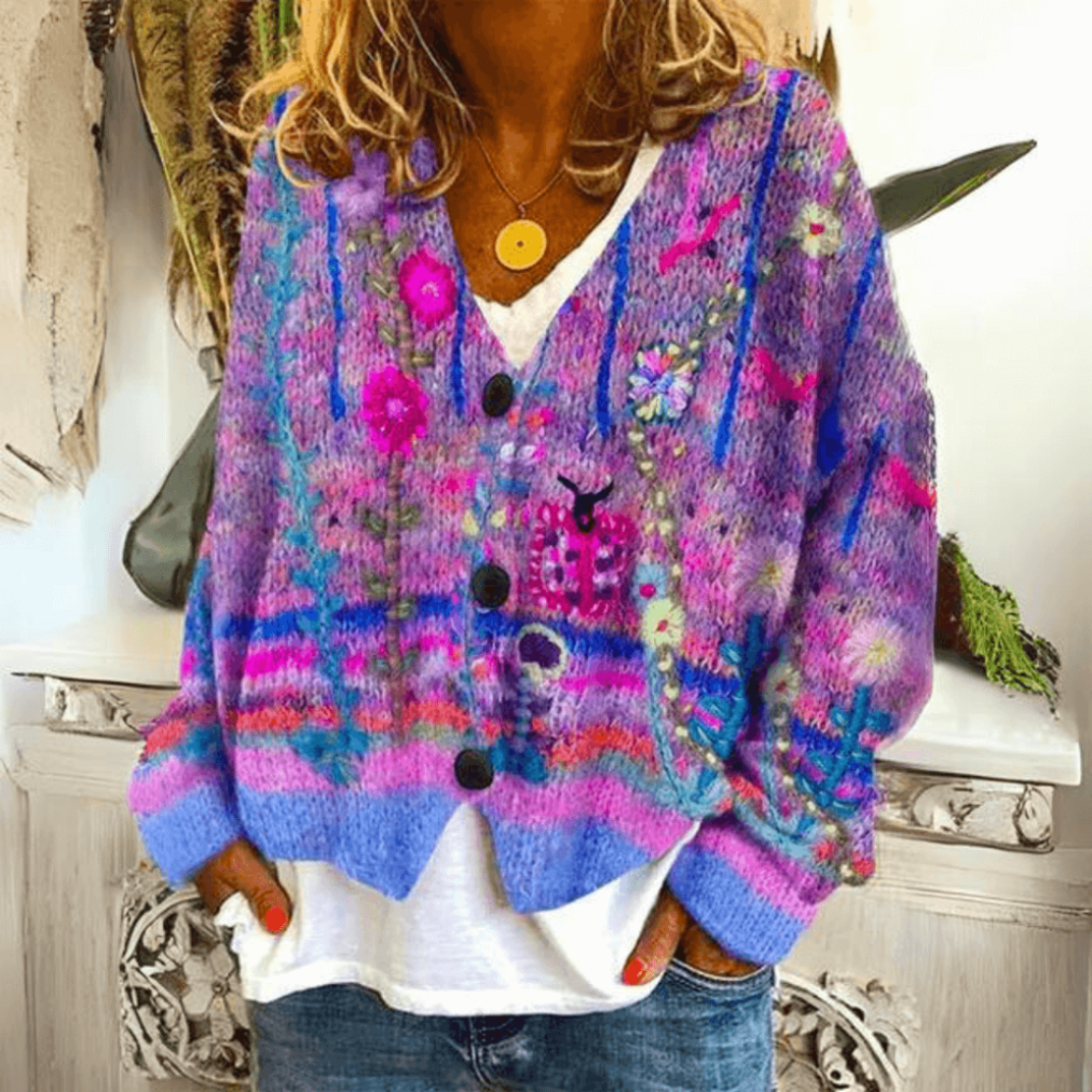 Alba-Cecile | Women's Floral Embroidered Button-Front Cardigan