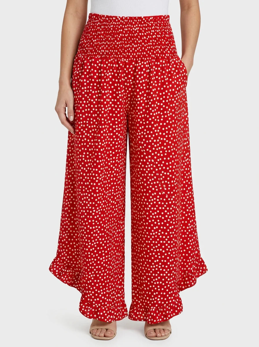 Meredith | Women's Floral Ruffle-Hem Wide Leg Trousers