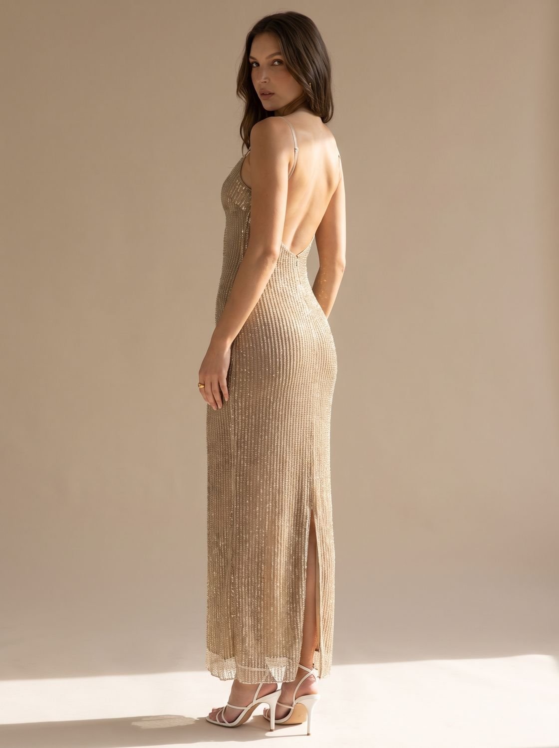 Stella-Annelise | Women's Gold Glitter Bodycon Maxi Dress