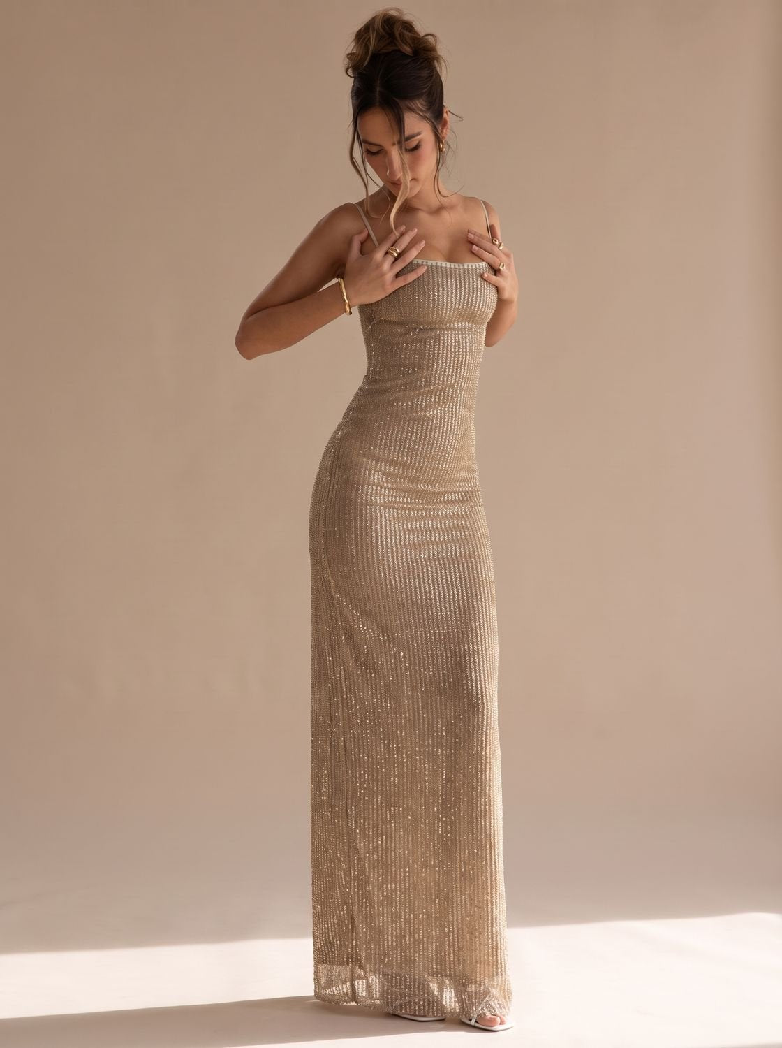 Stella-Annelise | Women's Gold Glitter Bodycon Maxi Dress