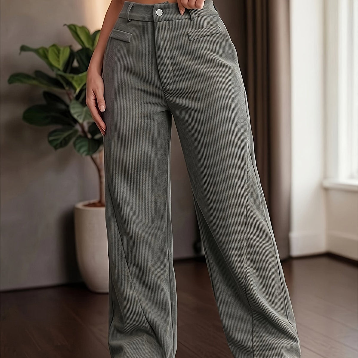 Katharine | Women's High-Waist Wide-Leg Ribbed Trousers