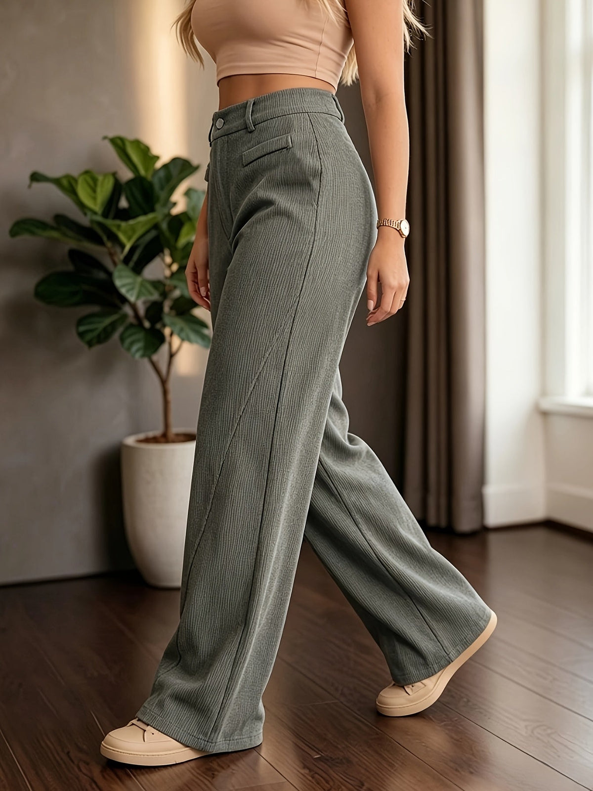 Katharine | Women's High-Waist Wide-Leg Ribbed Trousers