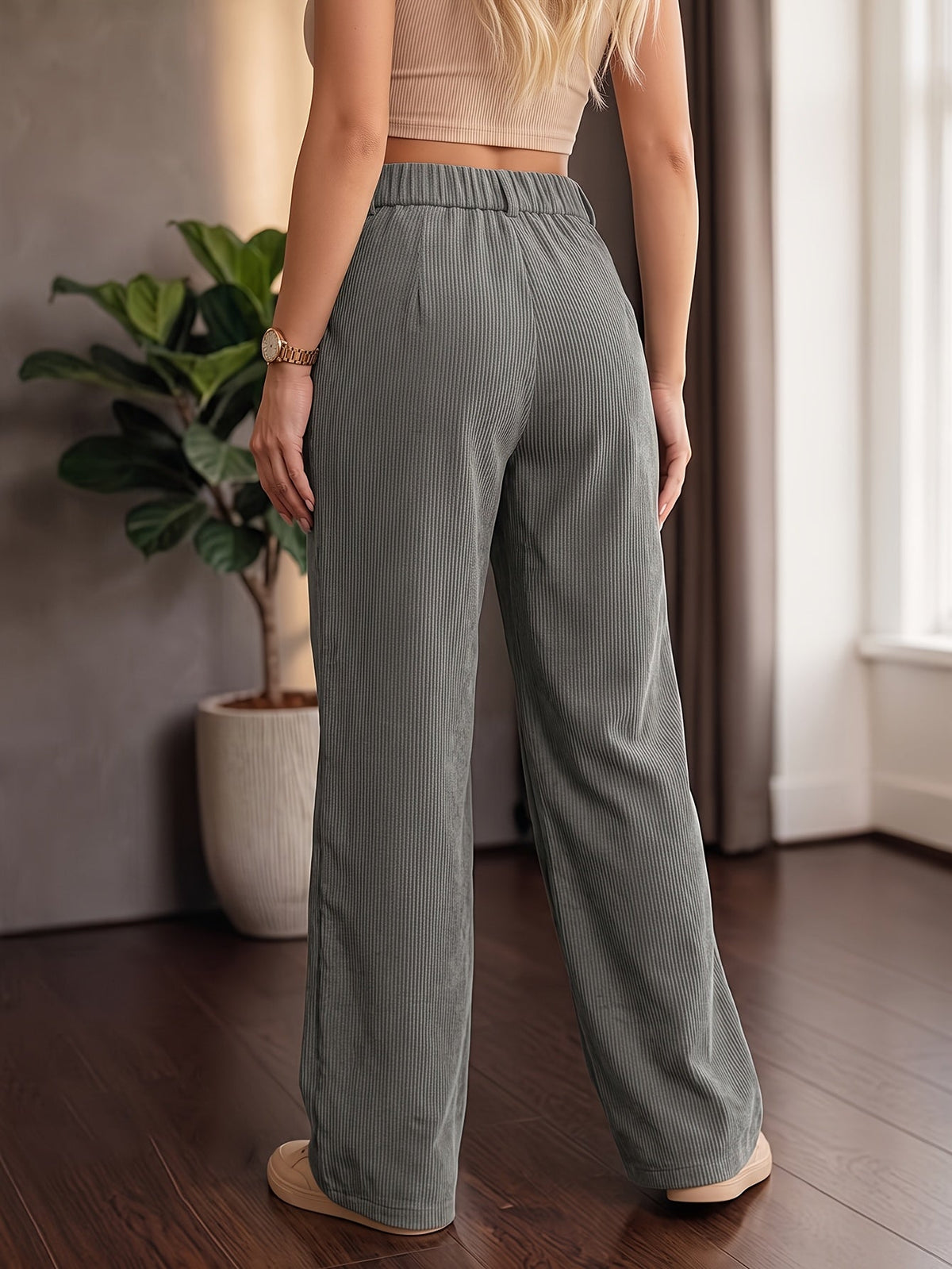 Katharine | Women's High-Waist Wide-Leg Ribbed Trousers
