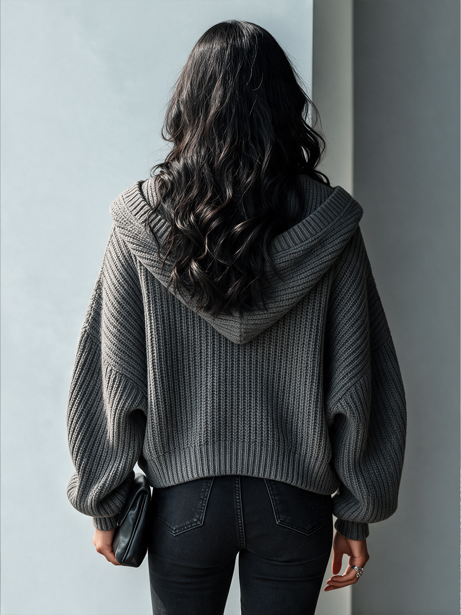 Agnes-Beatrix | Women's Hooded Chunky-Ribbed Knit Cardigan