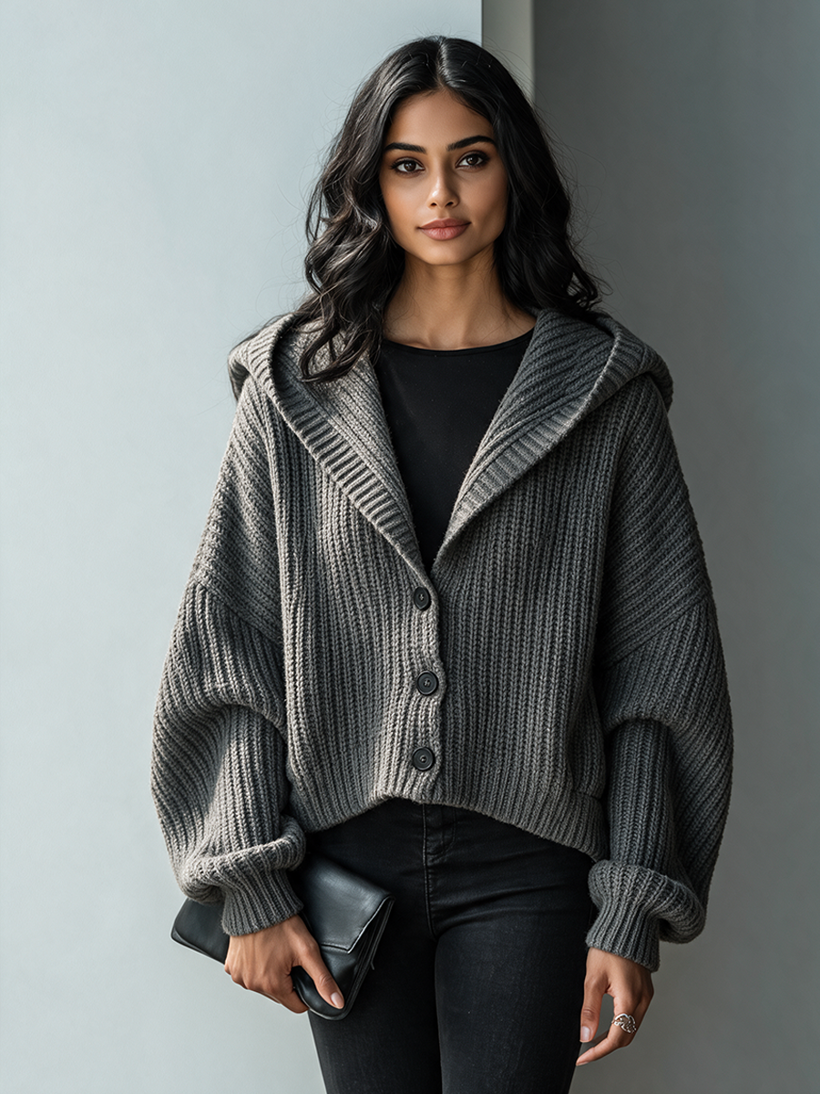 Agnes-Beatrix | Women's Hooded Chunky-Ribbed Knit Cardigan