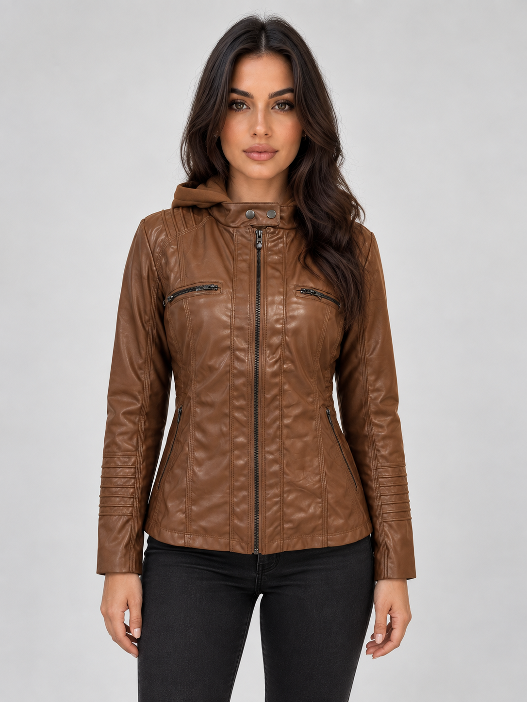 Alba-Carmen | Women's Hooded Faux Leather Biker Jacket