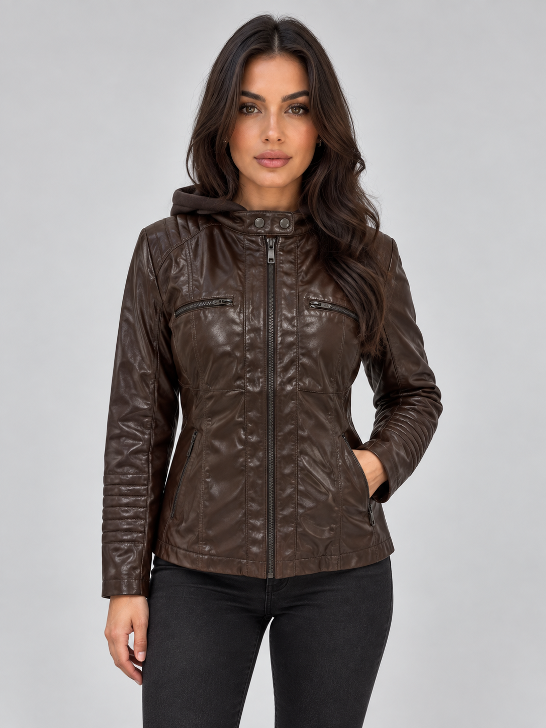 Alba-Carmen | Women's Hooded Faux Leather Biker Jacket