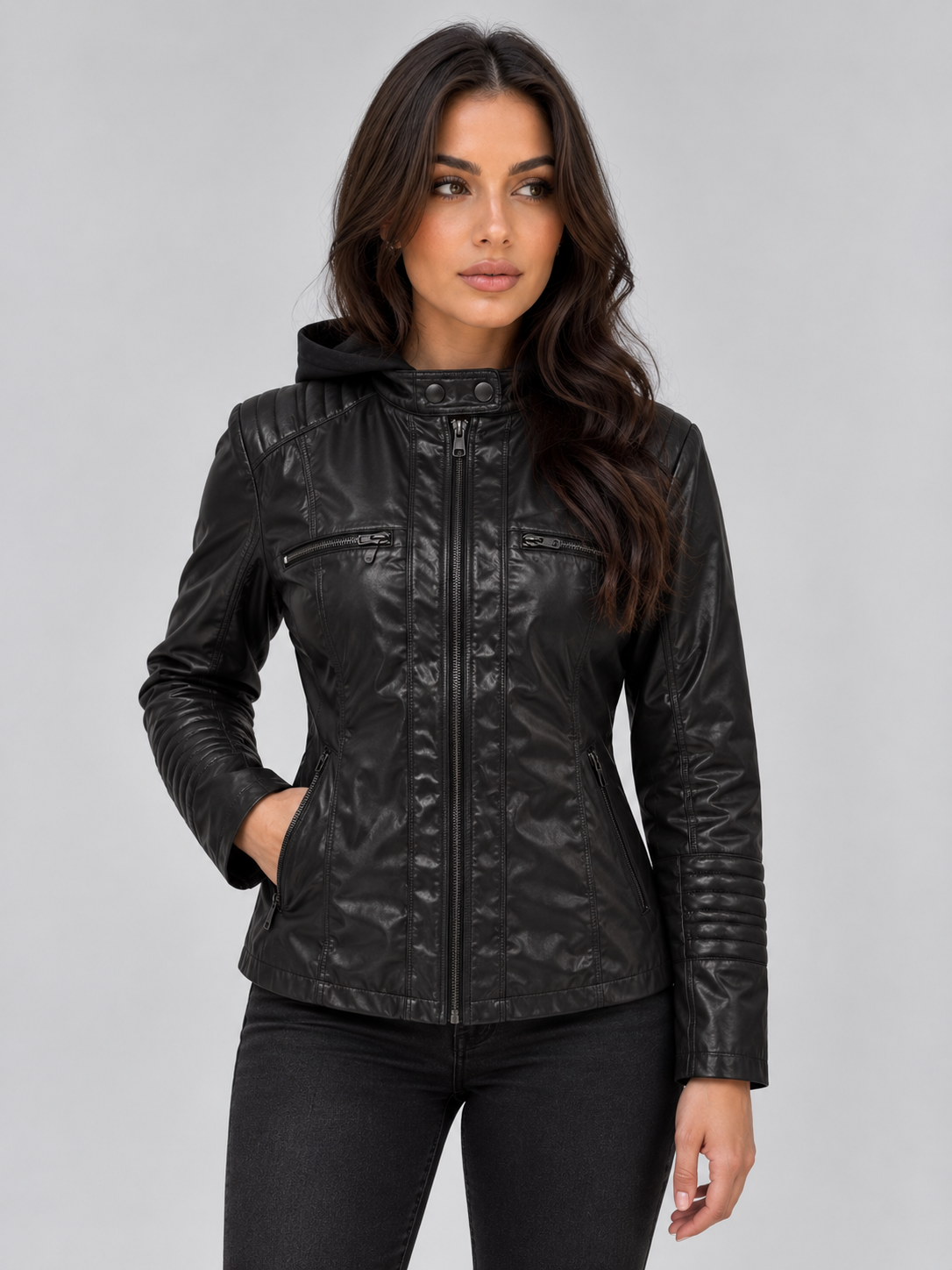 Alba-Carmen | Women's Hooded Faux Leather Biker Jacket