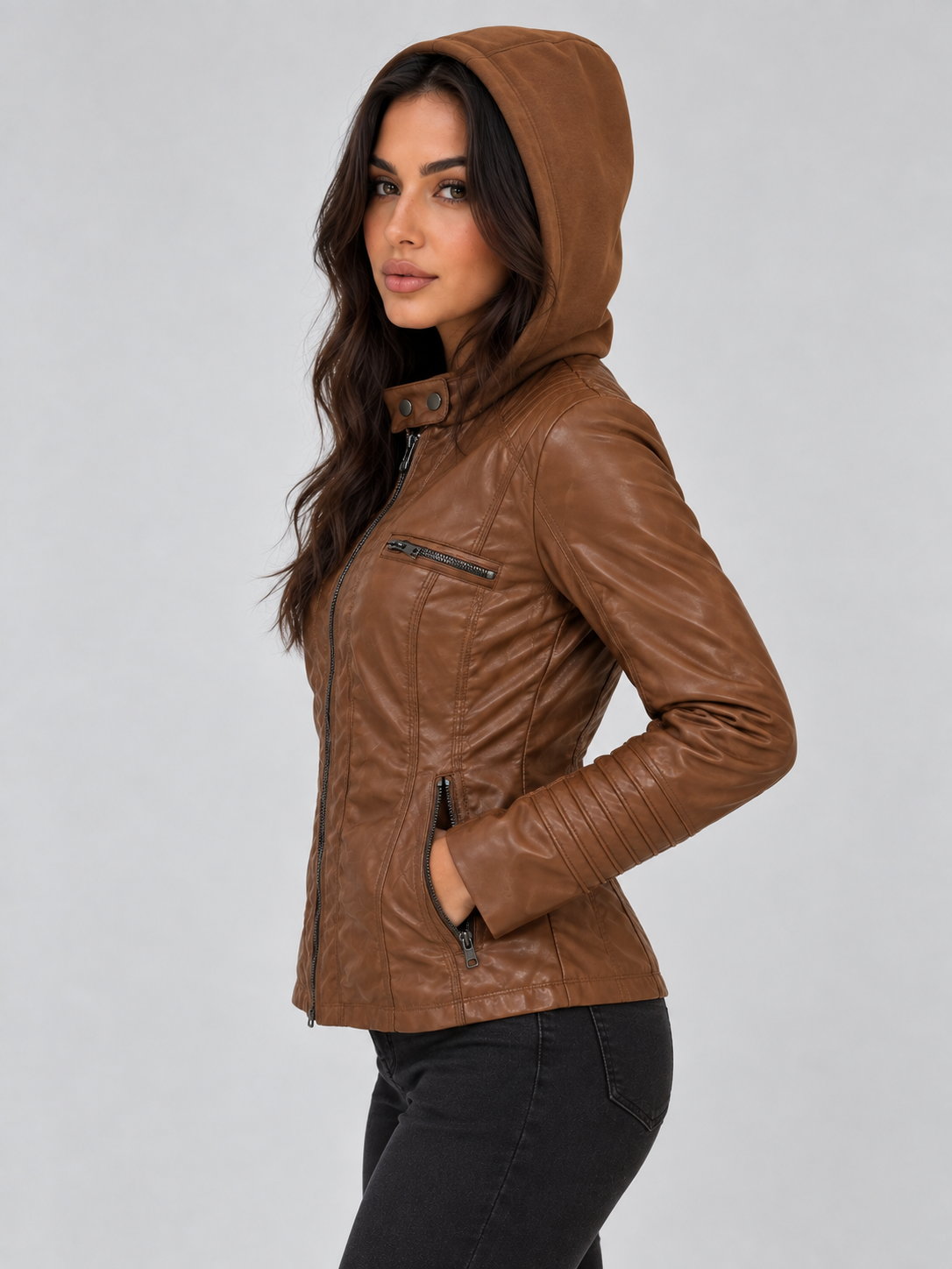 Alba-Carmen | Women's Hooded Faux Leather Biker Jacket