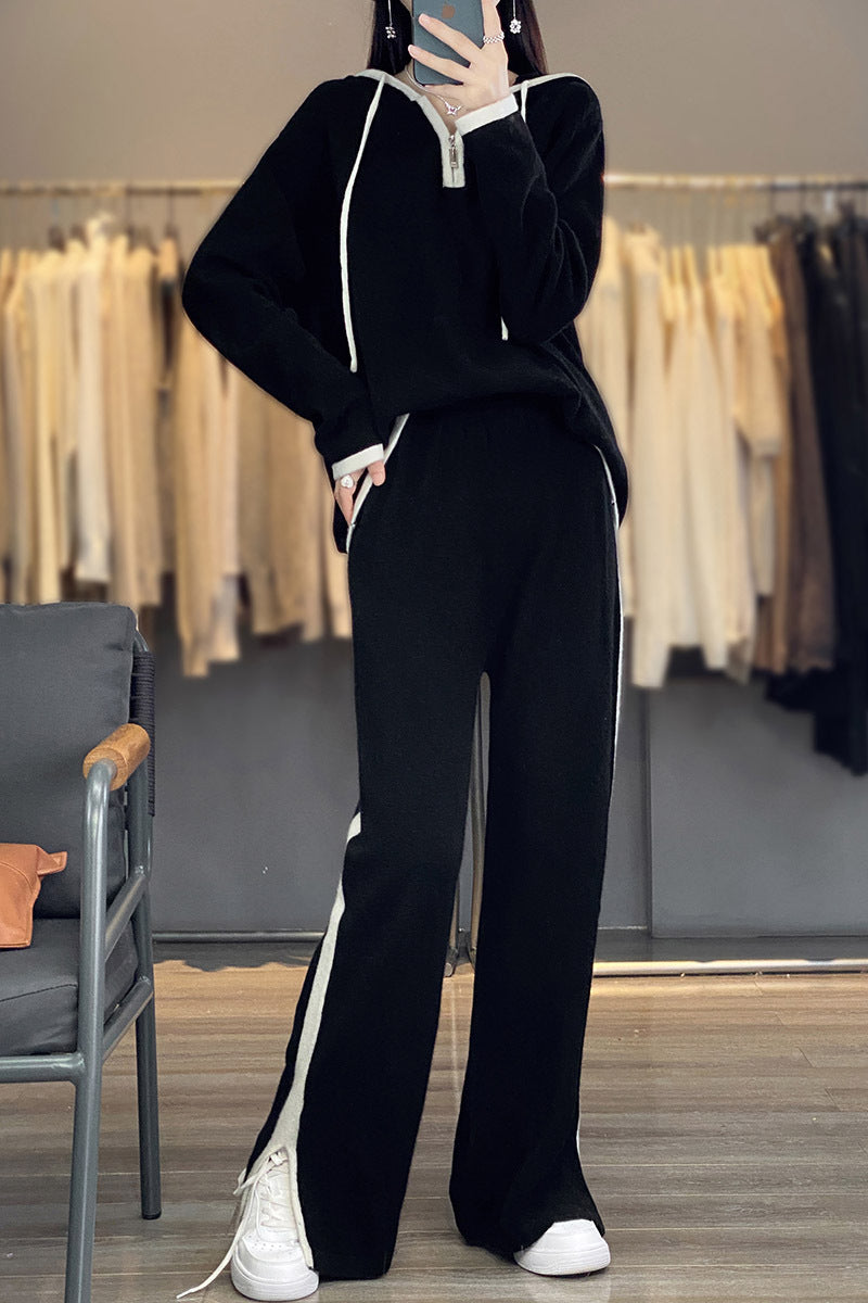 Petra-Delia | Women's Hooded Knit Lounge Set with Wide-Leg Pants