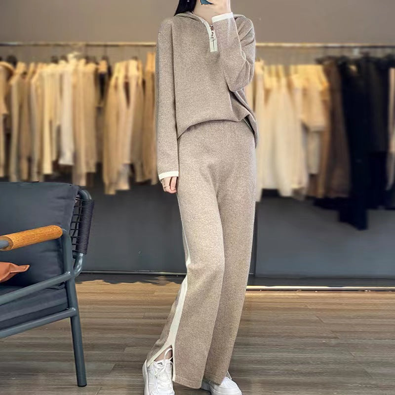 Petra-Delia | Women's Hooded Knit Lounge Set with Wide-Leg Pants