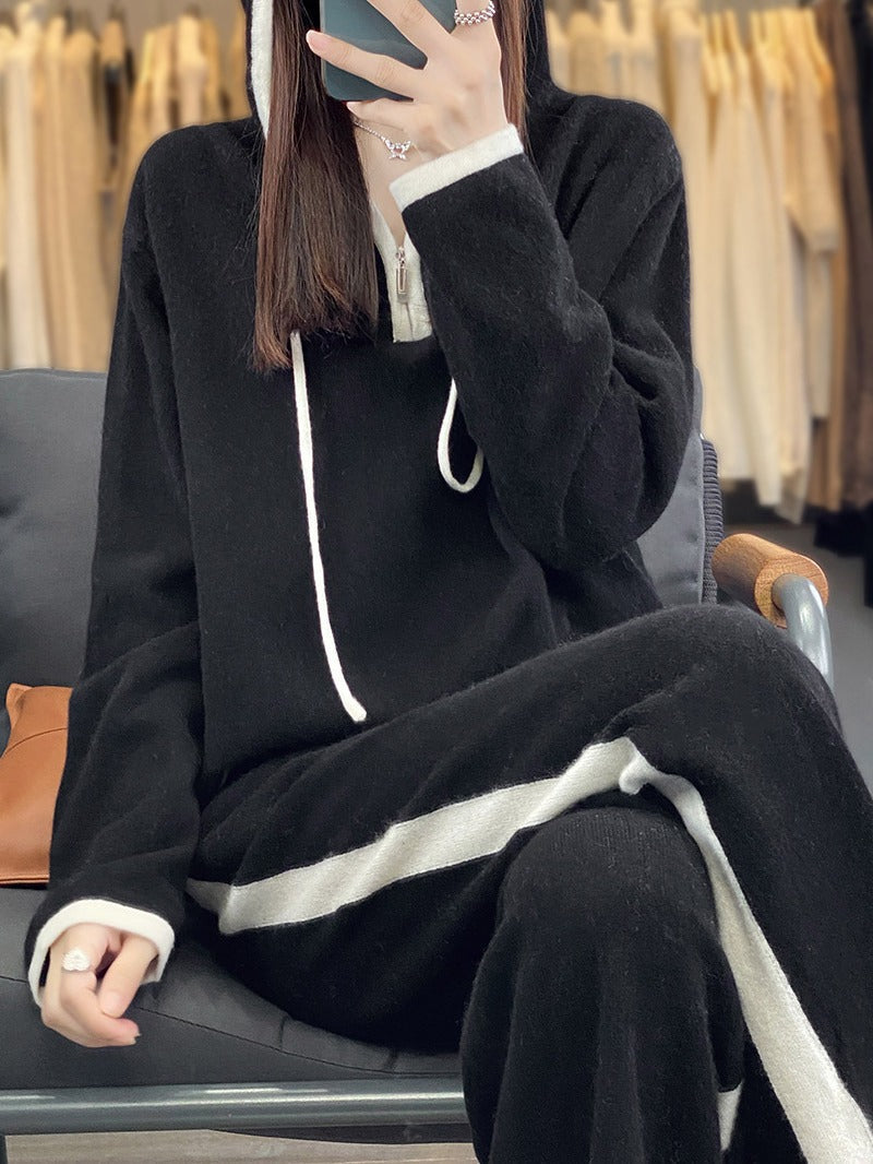 Petra-Delia | Women's Hooded Knit Lounge Set with Wide-Leg Pants