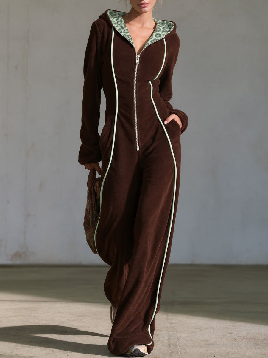 Stella-Astrid | Women's Hooded Leopard-Lined Fleece Jumpsuit