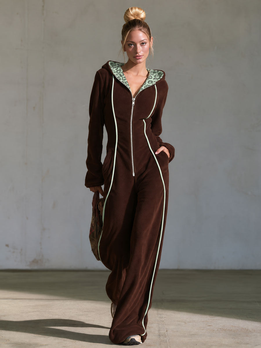 Stella-Astrid | Women's Hooded Leopard-Lined Fleece Jumpsuit