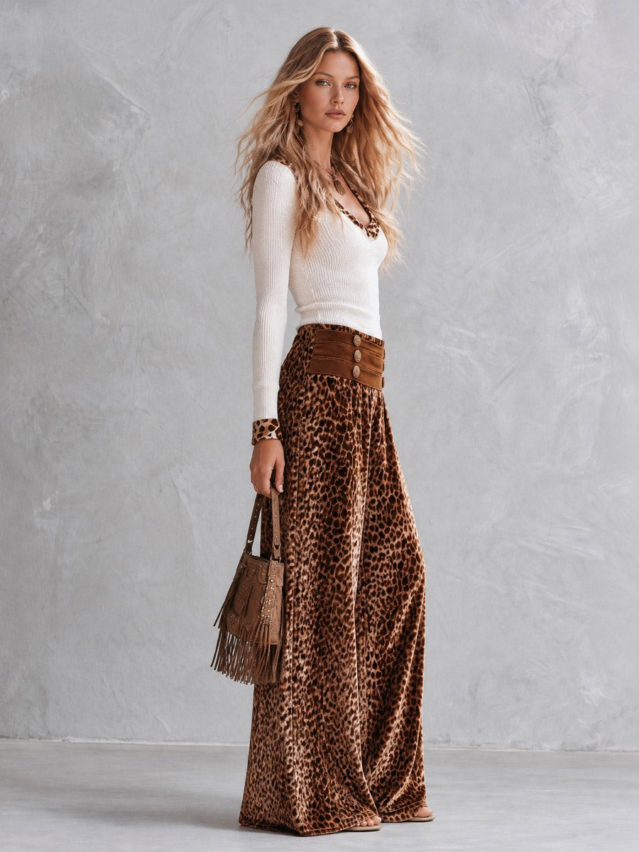 Astrid-Frida | Women's Knit Henley Top & Leopard Velvet Wide-Leg Pants Set