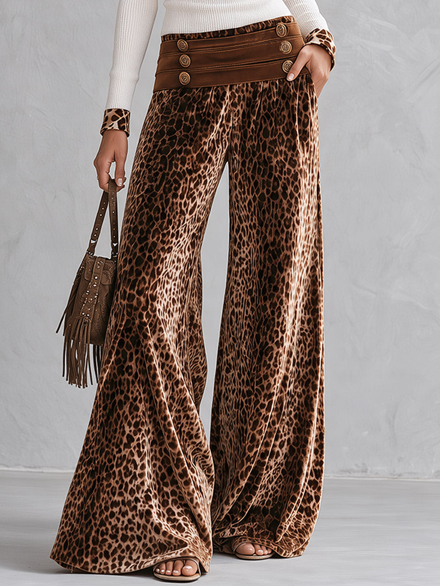 Astrid-Frida | Women's Knit Henley Top & Leopard Velvet Wide-Leg Pants Set