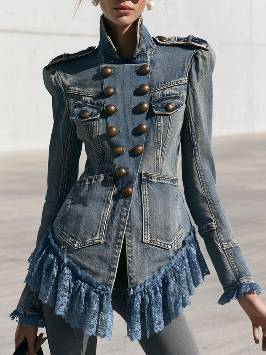 Sigrid-Stella | Women's Lace Ruffled Faded Denim Jacket