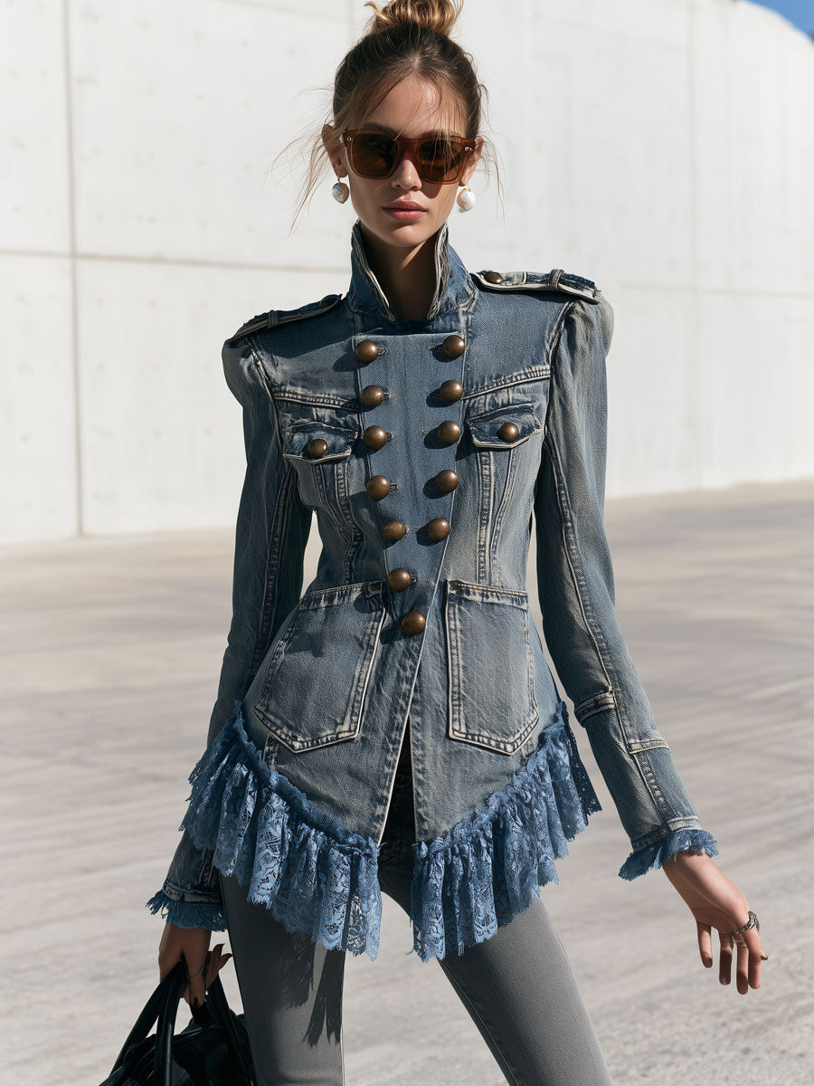 Sigrid-Stella | Women's Lace Ruffled Faded Denim Jacket