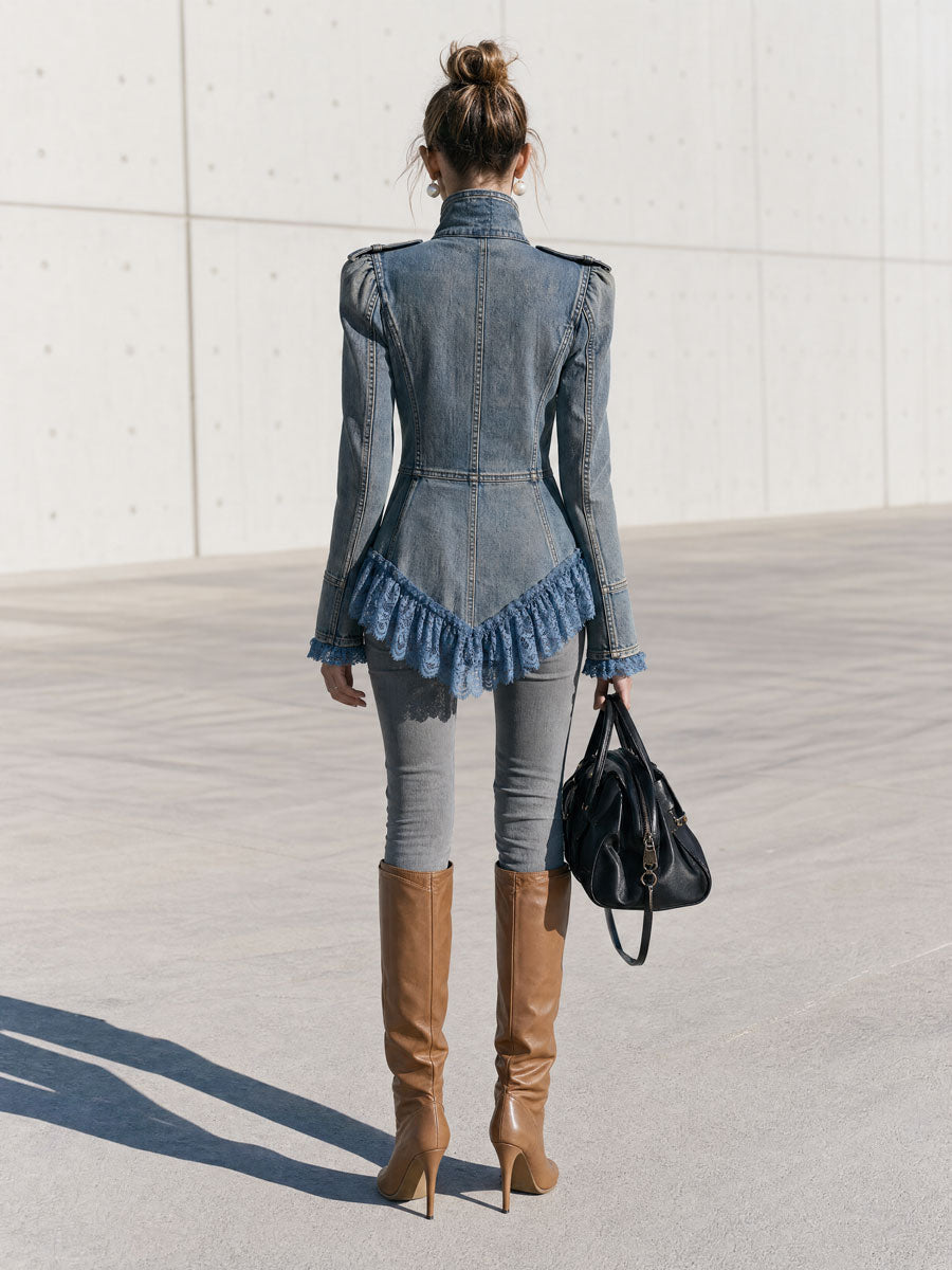 Sigrid-Stella | Women's Lace Ruffled Faded Denim Jacket