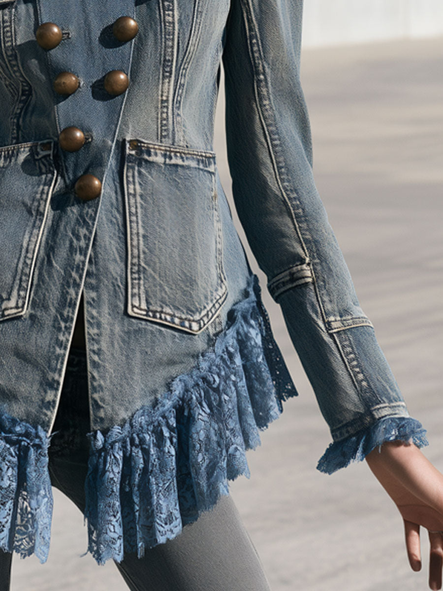 Sigrid-Stella | Women's Lace Ruffled Faded Denim Jacket