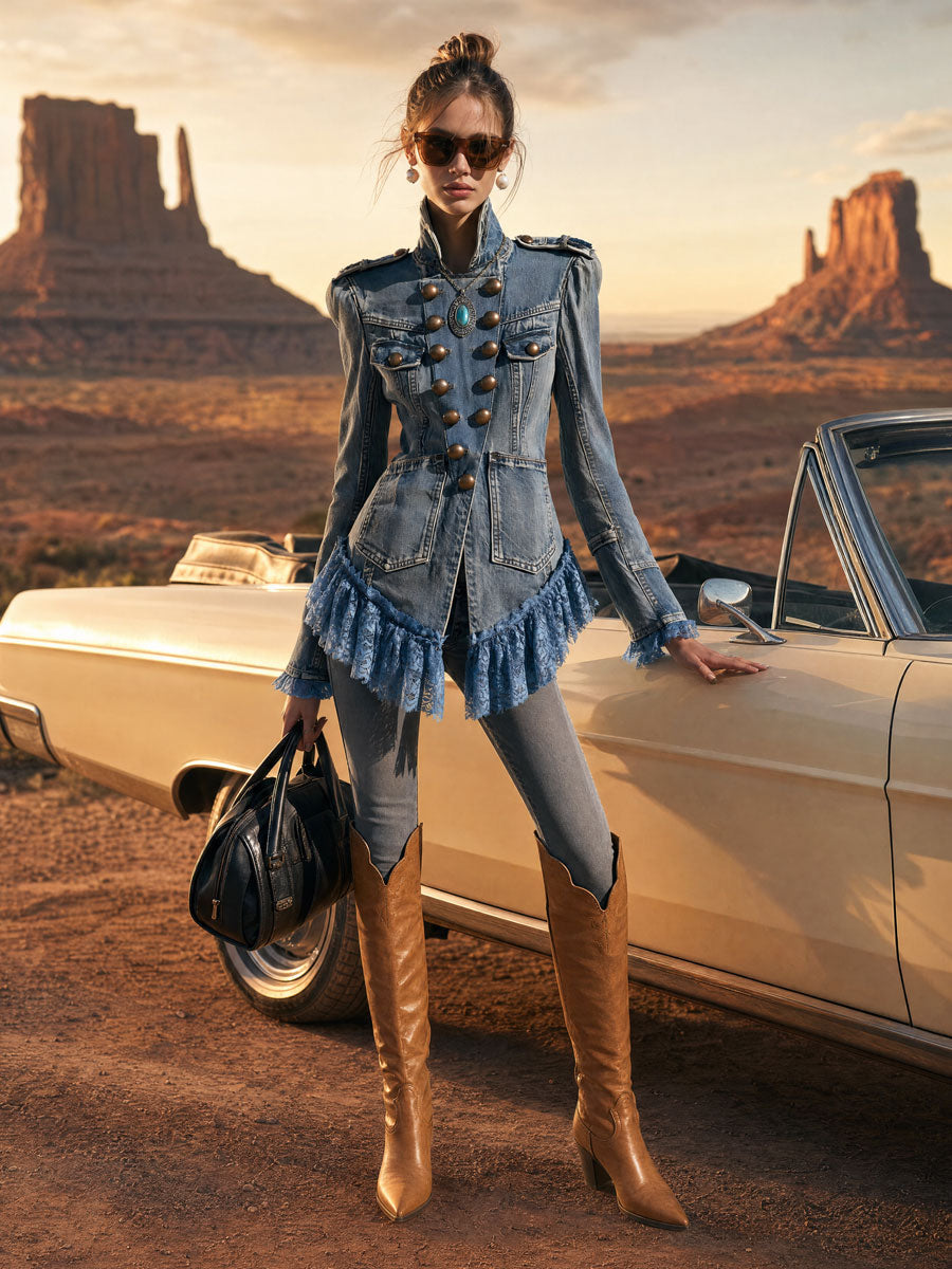 Sigrid-Stella | Women's Lace Ruffled Faded Denim Jacket