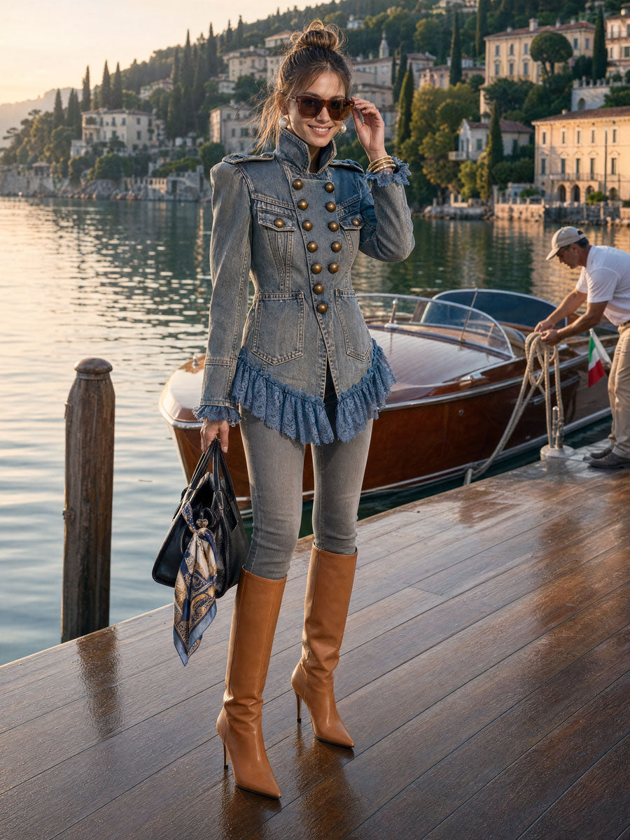 Sigrid-Stella | Women's Lace Ruffled Faded Denim Jacket