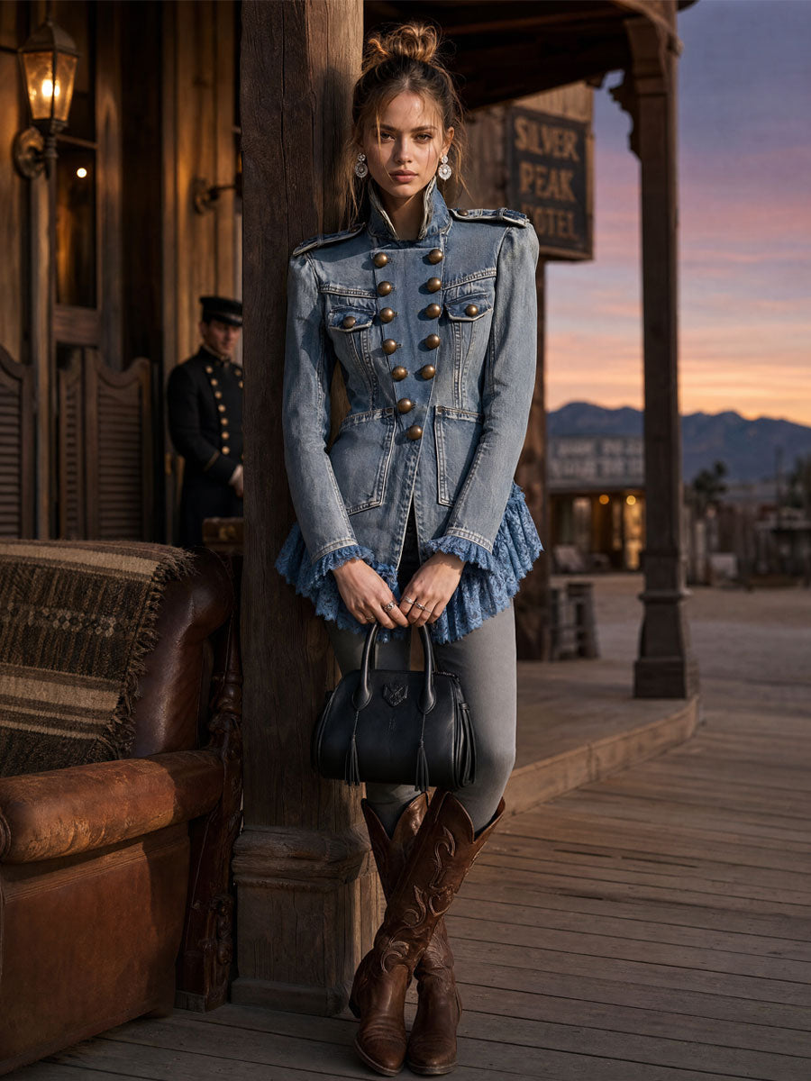 Sigrid-Stella | Women's Lace Ruffled Faded Denim Jacket