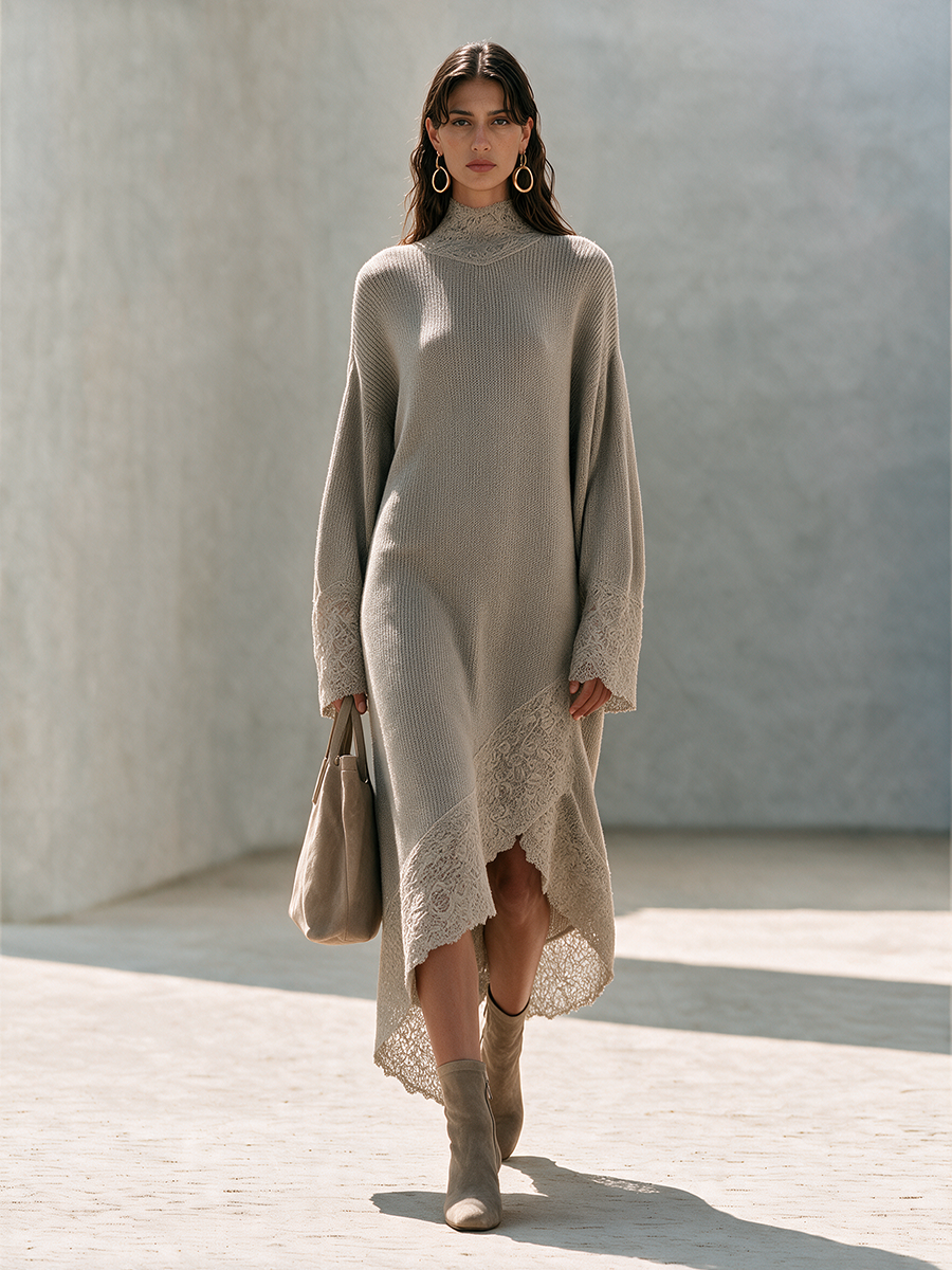 Ramona | Women's Lace-Trim Wool-Knit Maxi Dress