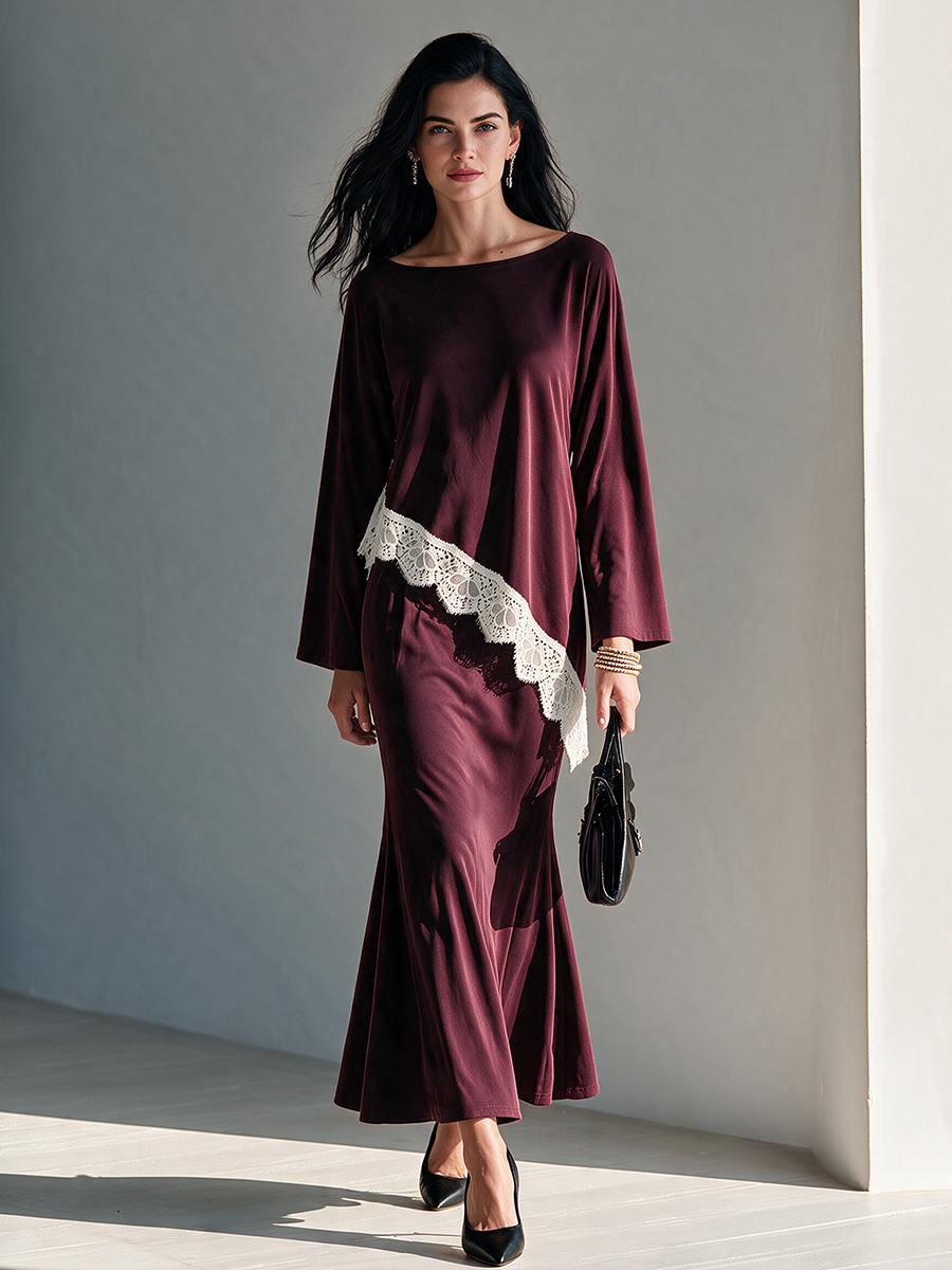 Magda | Women's Lace-Trimmed Fishtail Midi Skirt Set