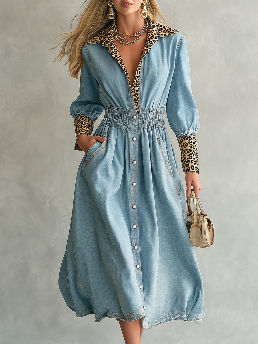 Phyllis-Estelle | Women's Leopard-Trim Denim Shirt Dress