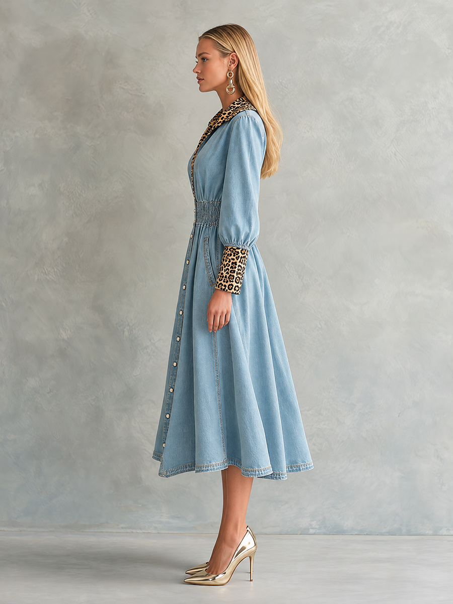 Phyllis-Estelle | Women's Leopard-Trim Denim Shirt Dress