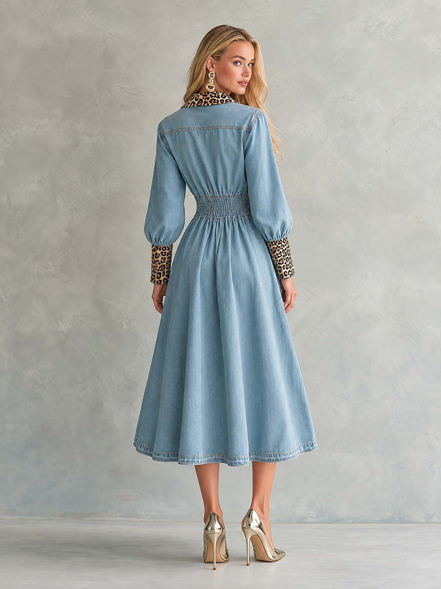 Phyllis-Estelle | Women's Leopard-Trim Denim Shirt Dress