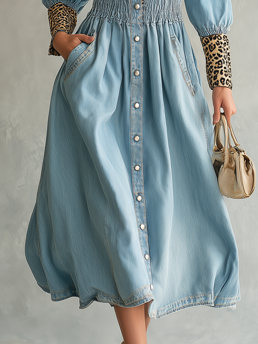 Phyllis-Estelle | Women's Leopard-Trim Denim Shirt Dress