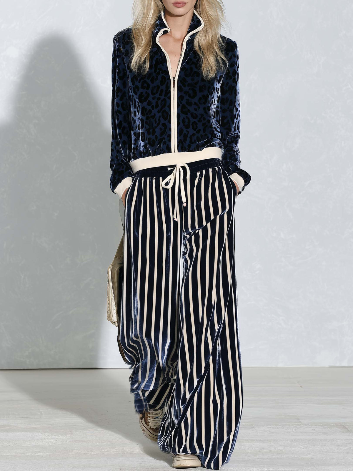 Stella | Women's Leopard Velvet Zip Jacket & Wide-Leg Pants Set