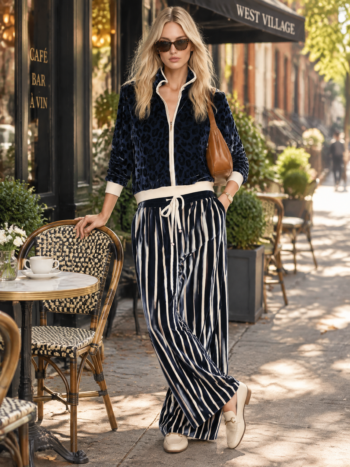 Stella | Women's Leopard Velvet Zip Jacket & Wide-Leg Pants Set