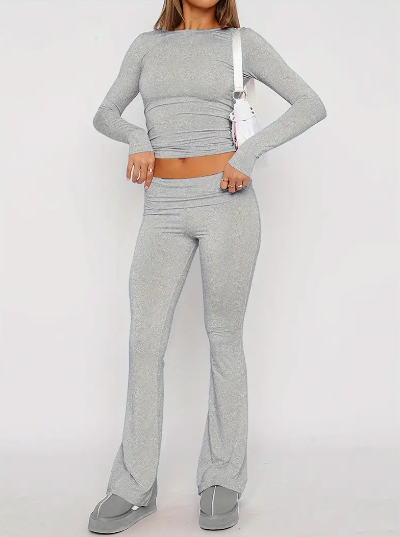 Hilda-Meredith | Women's Long Sleeve Crop Top & Flare Trousers Set